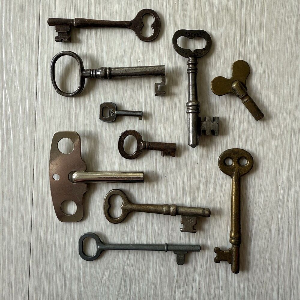 Vintage Steel Keys Lot 10 Skeleton Lagerback Eskilstuna Heart Brass Clock Winder